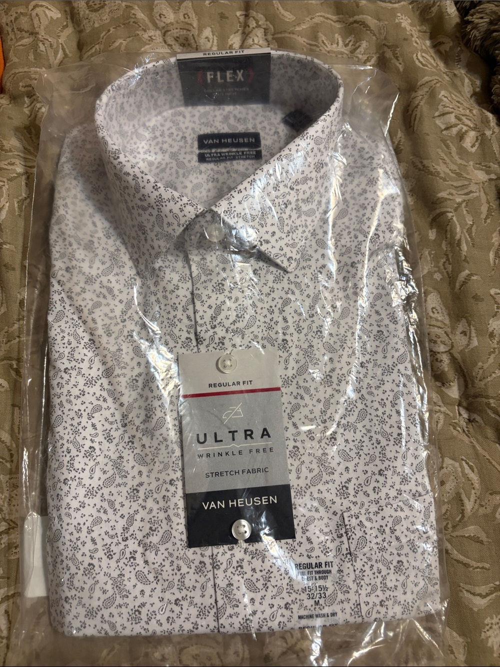 Van Heusen White Dress Shirt with Light Gray Floral Print